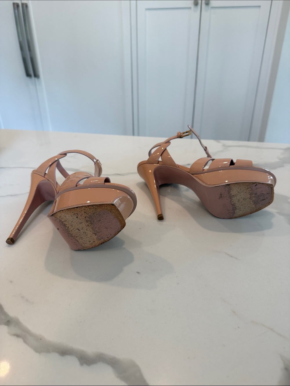 Saint Laurent Nude Patent Leather Woven Platform Sandals - Picture 7 of 7